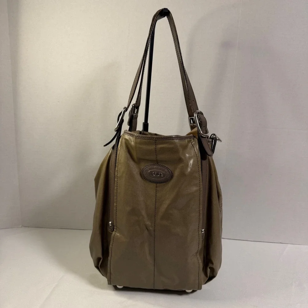 Tod's Shoulder Bag Medium Bronze Coated Canvas Leather Trim Tote + Luxury Hobo